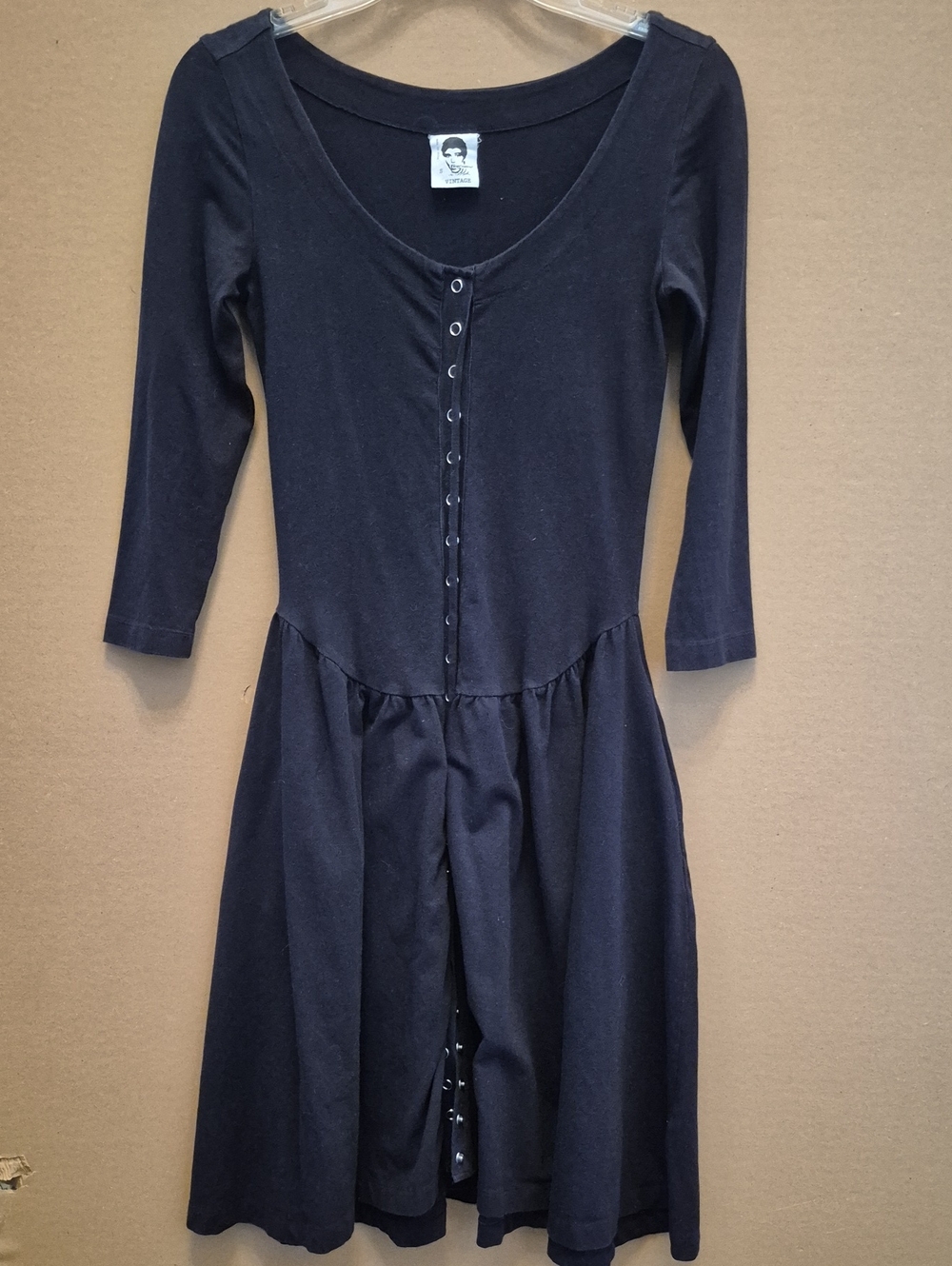 80s BETSEY JOHNSON vintage Punk Label Snap Dress S Black 3/4 slv Knit Goth Midi